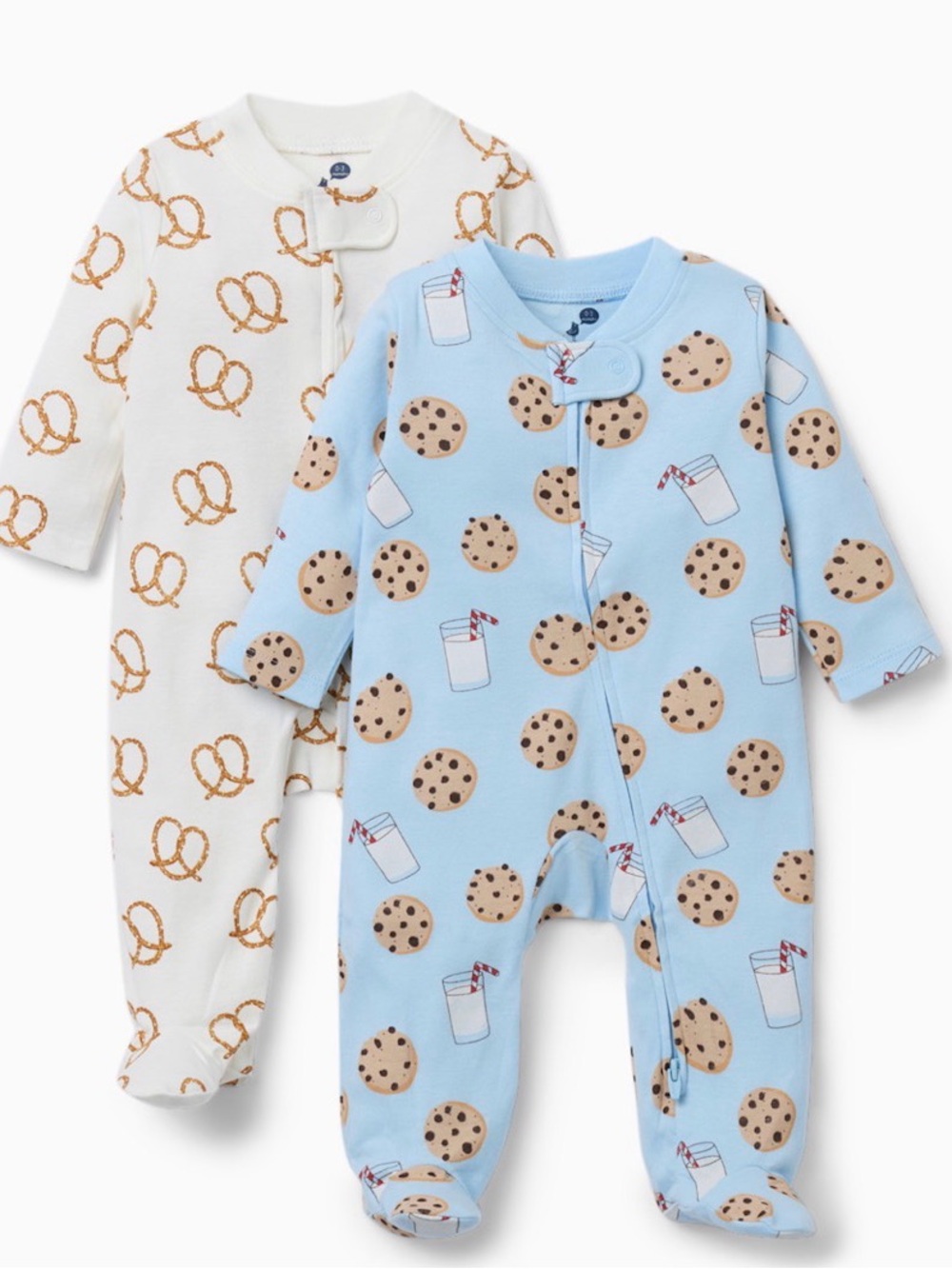 Small Story Organic Cotton 2-Way Zip Footie (2 Pack) milk and cookies onesie